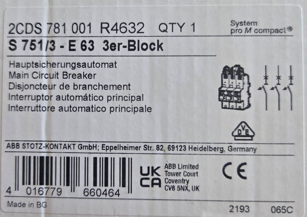 ABB 2CDS  781 001 R4632 SLS-Schalter 63A Sammelschiene  NEU OVP