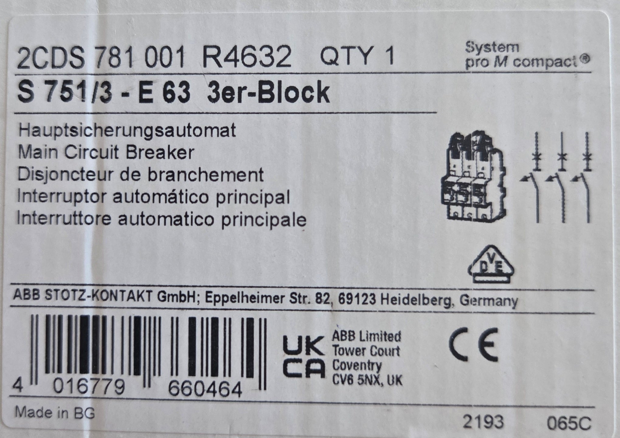 ABB 2CDS  781 001 R4632 SLS-Schalter 63A Sammelschiene  NEU OVP