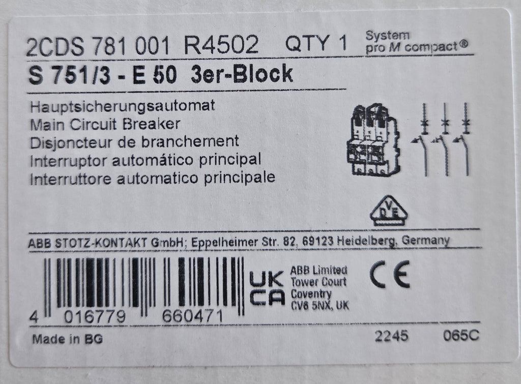 ABB 2CDS  781 001 R4502 SLS-Schalter 50A Sammelschiene  NEU OVP