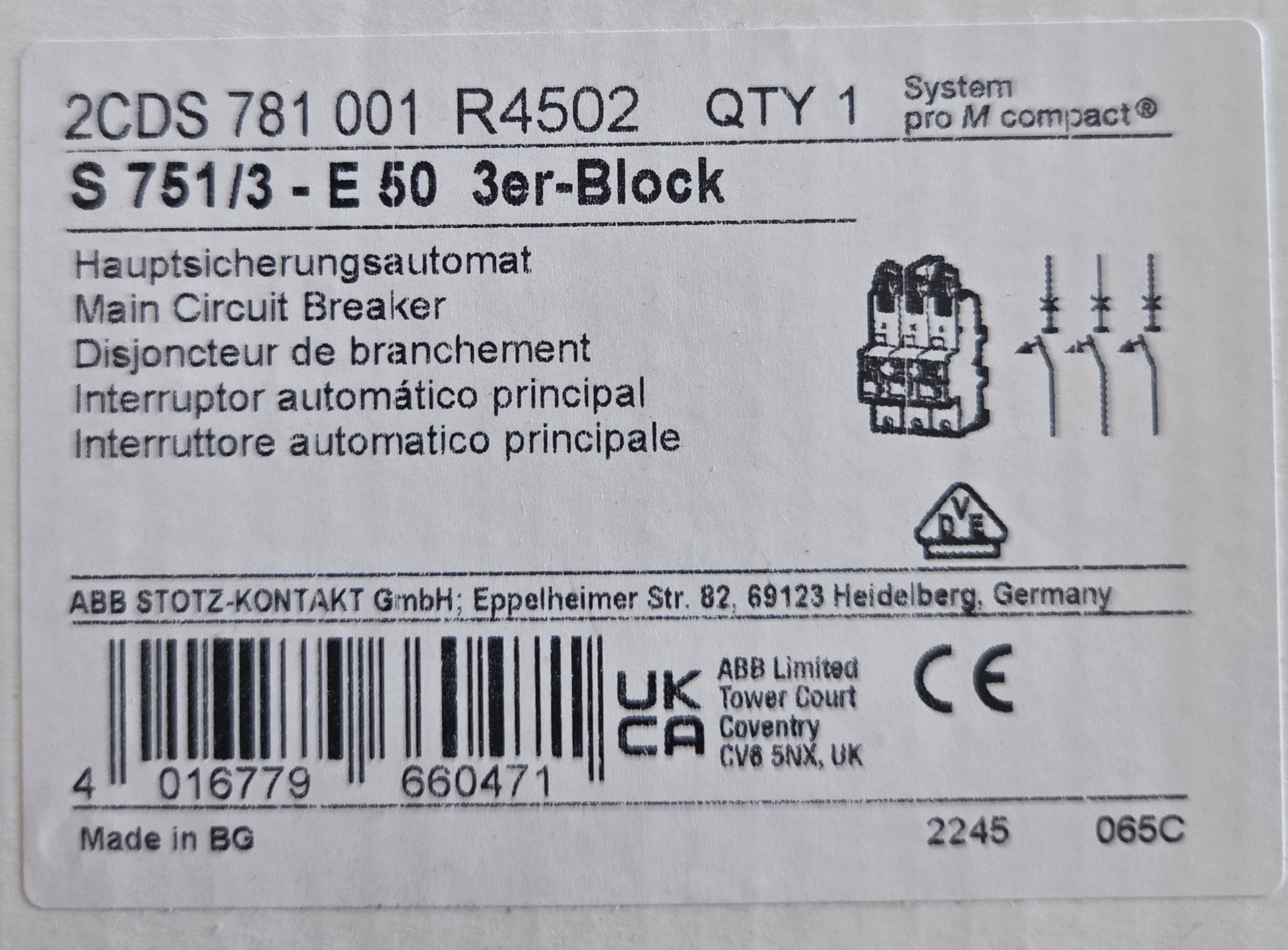 ABB 2CDS  781 001 R4502 SLS-Schalter 50A Sammelschiene  NEU OVP