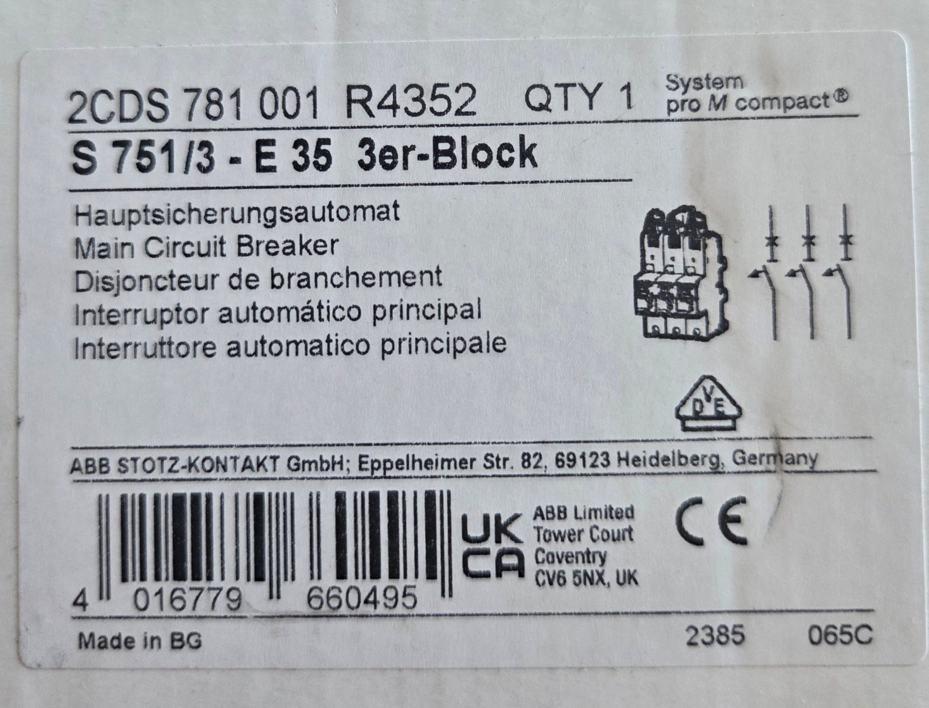 ABB 2CDS  781 001 R4352 SLS-Schalter 35A Sammelschiene  NEU OVP