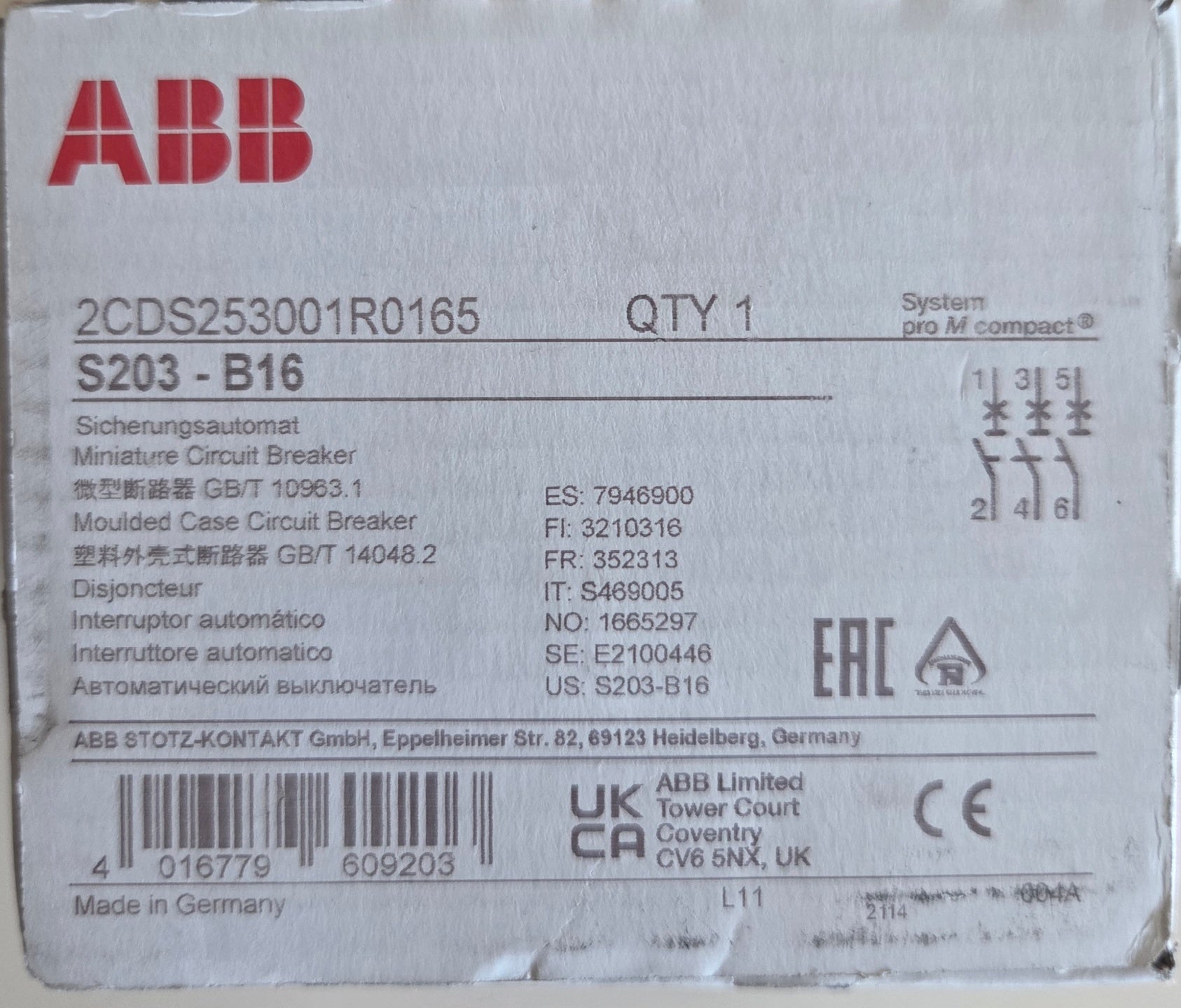 ABB 2CDS253001R0165 Leitungsschutzautomat NEU OVP