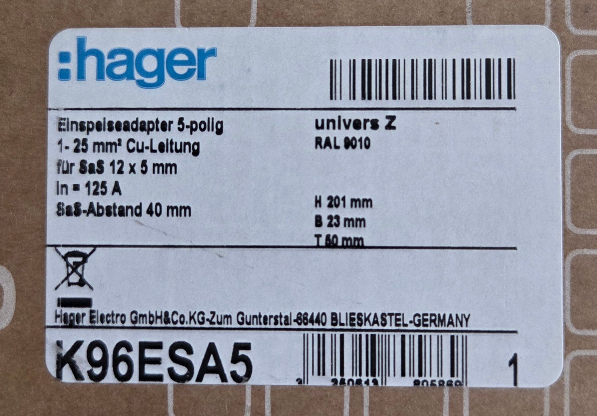 Hager K96ESA5 Einspeiseadapter Sammelschiene NEU OVP